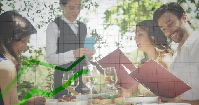 Server holding blue pad starting graphs moving over table showing trends while diners reading menus