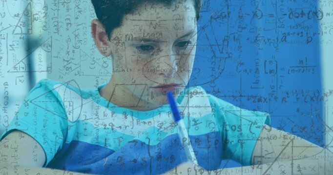 Male student reading math and tapping blue pen at desk, overlaid formulas guiding education focus