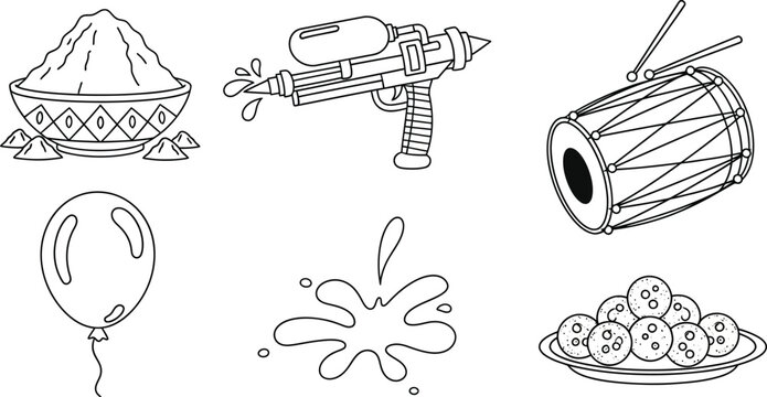 Minimalist black and white line art icons depicting traditional Holi festival elements including gulal pichkari dholak and sweets ideal for cultural celebration designs