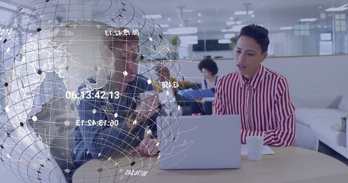 Man tapping phone and woman reviewing laptop, rotating globe revealing map data for business review