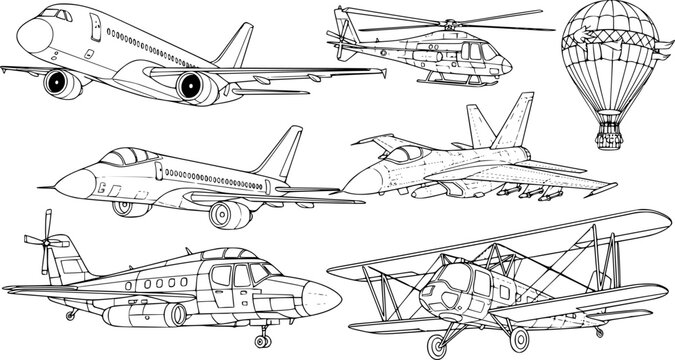 set of aircraft line art, black outline, vector and illustration, coloring book page line art drawing
