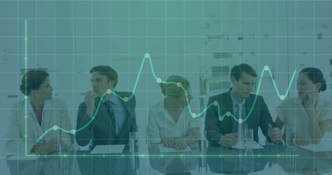 Business team sitting at glass table left woman raising hand causing grid chart tracking metrics