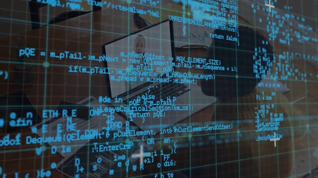Scrolling code overlay revealing workspace while seated woman using laptop for technology demo