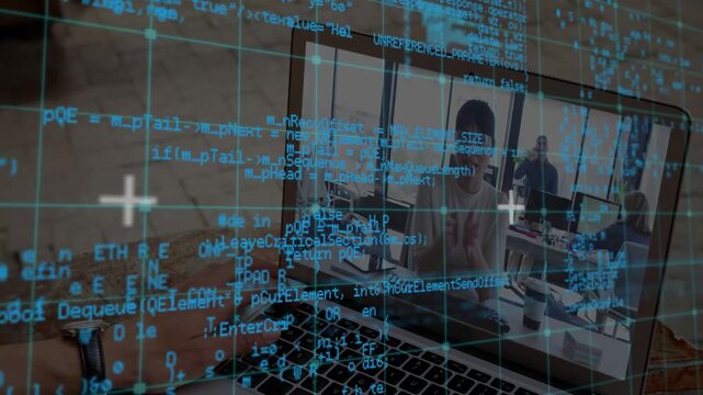 Vertical video: Showing laptop screen, man in tee at desk, code grid rising, watch on keys for work