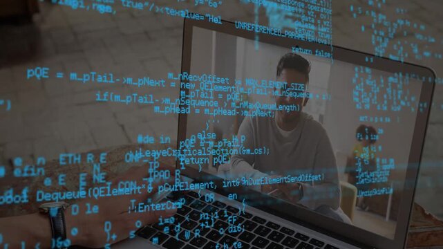 Laptop user typing on keys, causing blue code overlay shifting and revealing man in tech call