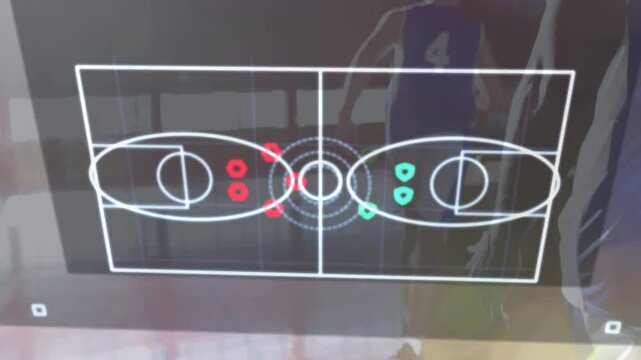Two male athletes walking on court, starting basketball overlay adding red teal icons for tactics