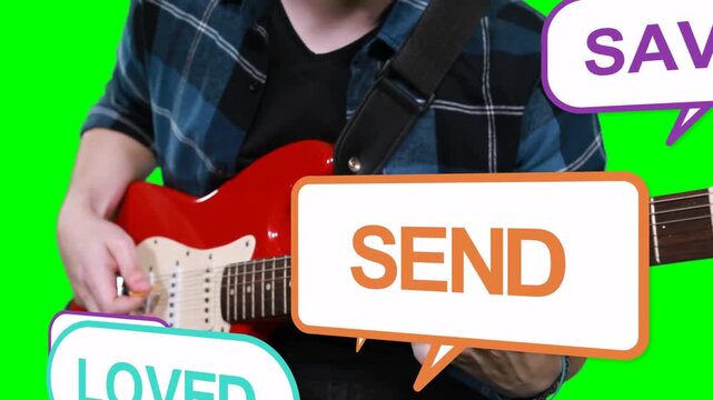Guitarist strumming red guitar on green chroma-key CTAs sliding over hands and guitar for music ads