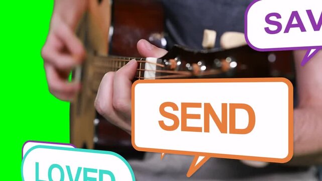 Vertical video: Musician fretting and strumming guitar as bubbles sliding over hands boosting reach