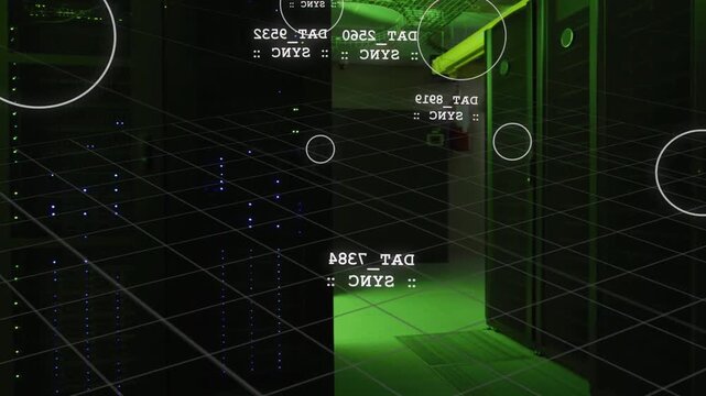 Camera panning through server corridor HUD grid rising labels floating marking green tile for audit