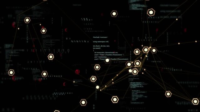 On code signal network clustering, sending hex nodes and data points along lines, showing tech data