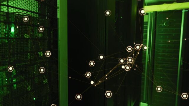 Vertical video: Camera panning, hex nodes converging over green-lit racks in data center, mapping
