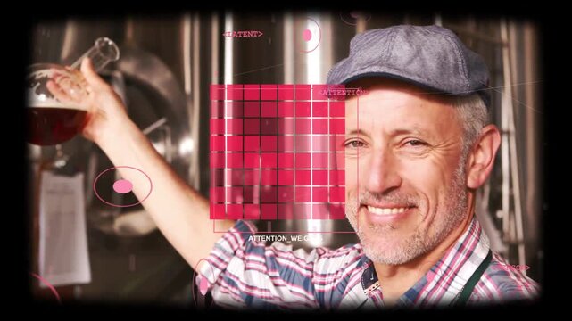 Brewer lifting flask after HUD reveal, inspecting amber for brew quality with red grid over flask
