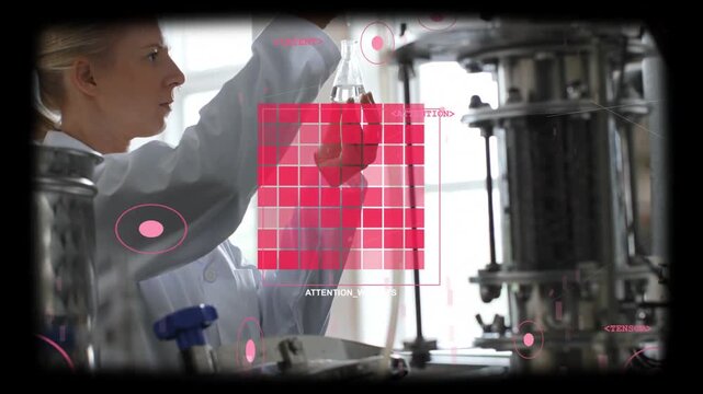Red HUD appearing, scientist lifting flask, sampling with pipette, inspecting sample for analysis