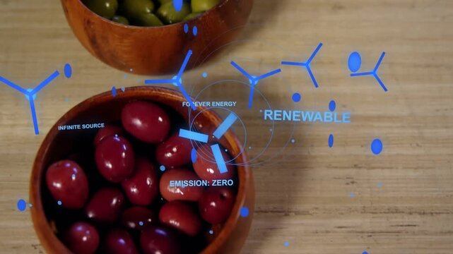 Camera panning revealing bowls while blue overlay animating turbines, labels showing renewables