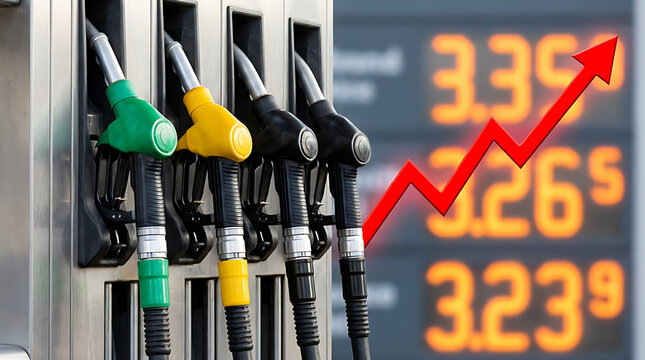 Gas pump nozzles at station with rising red arrow and blurry price display showing expensive fuel costs and inflation impact on gasoline prices for transportation and energy sectors