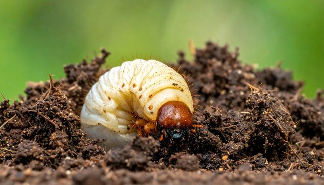 Close-up of a Grub Worm in Soil - A Garden Pest.