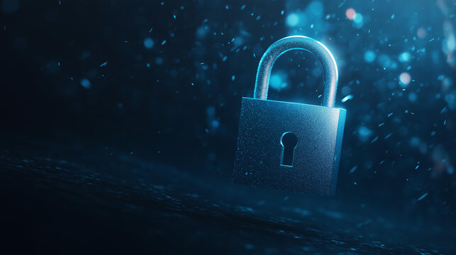 Single padlock icon floating in a vast dark cyber background with minimal blue lighting conveying digital security and privacy mood