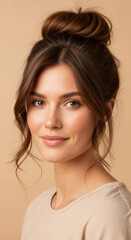 Fototapeta premium Smiling woman with high brunette bun hairstyle. Studio portrait of female with brown hair updo