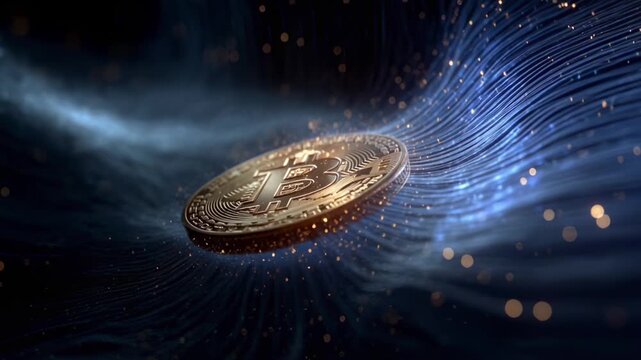 Golden Bitcoin coin surrounded by flowing streams of digital data and light. Cryptocurrency market, blockchain technology, digital finance