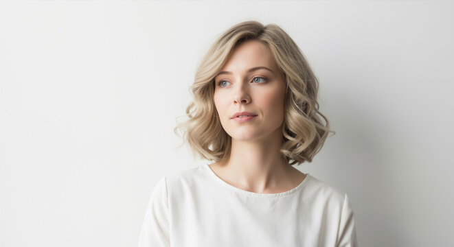 Portrait of a young blonde woman with a wavy bob haircut. Natural beauty model with healthy hair on a white background