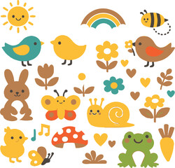 Naklejka premium Cute spring animals vector, nursery clipart set, cartoon forest animals, baby animals' illustration, bunny chick bird bee snail frog, kids design elements, pastel floral collection