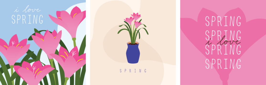 I love spring. Cute card or poster design with blooming flowers illustration for springtime.