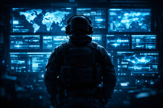 tactical operator monitoring multiple digital screens in command center, cybersecurity surveillance concept, data analysis and global threat tracking, advanced technology, intelligence operations room
