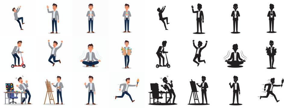 Businessman Character Set: Various Poses, Daily Activities, and Silhouettes