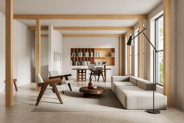 Contemporary interior workspace with minimalist furniture, warm wooden beams, modern sofa arrangement, large windows, and curated shelving design architecture concept. 3D Rendering