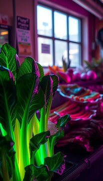 Glow-infused celtuce stalks, chrome gleam, future market bounty,  stir fry,  fresh produce