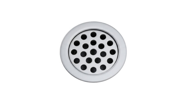 Top down view of a clean chrome metal drain strainer for kitchen sink or bathroom shower, circular stainless steel floor drain grate isolated on white background for plumbing and home improvement