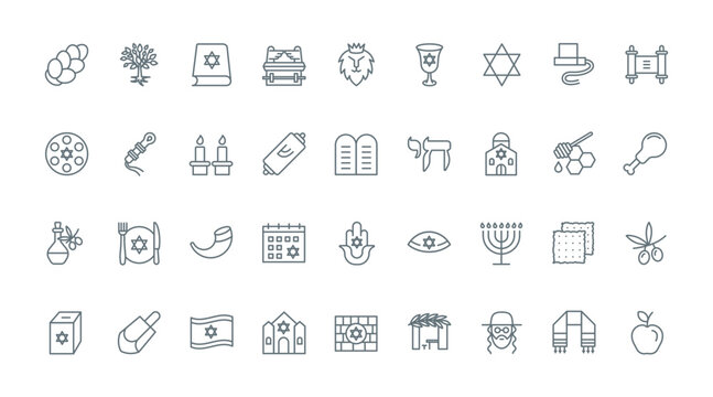 Judaism thin black line icons set vector illustration. Outline Israel religion symbols with Hanukkah and Jewish synagogue, Star of David and Torah scroll, rabbi and challah bread, hamsa and dreidel