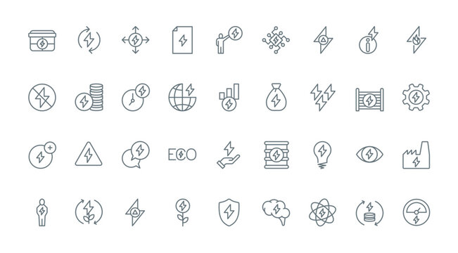 Electric energy, money and efficiency thin line icons set vector illustration. Outline lightning symbols and dynamic performance grow of electricity price, pictograms of electrified power industry