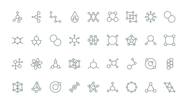 Molecules models thin line icons set vector illustration. Outline symbols of different molecular structures with atoms in chain, chemical pictograms of substance for scientific medical research
