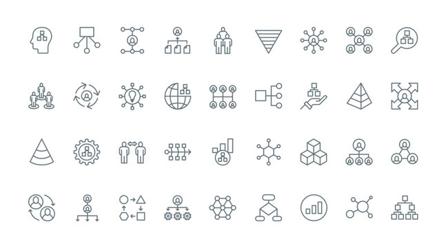 Chart organization thin line icons set vector illustration. Outline hierarchy structure of corporate company department with employees workforce and director, organizational management flowchart