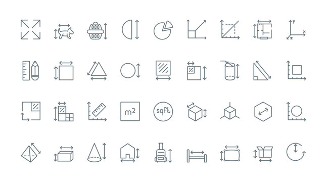 Size measure thin black line icons set vector illustration. Outline infographic pictograms of measurement of room area and geometric shapes, baggage and pet carrier, delivery box dimensions with ruler