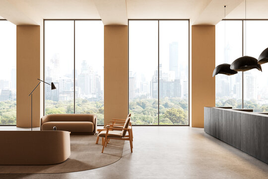 Modern interior design lounge with panoramic city view windows, minimalist furniture, soft beige tones, elegant lighting and spacious contemporary atmosphere. 3D Rendering