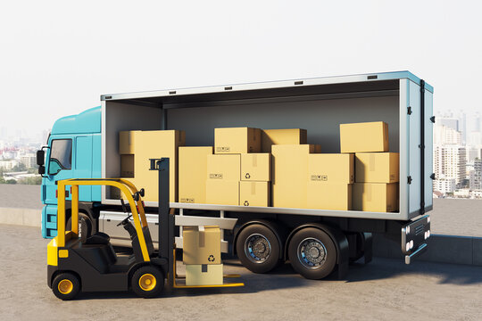 Large cargo truck being loaded with cardboard boxes by forklift on rooftop area with bright urban background illustrating modern delivery logistics concept. 3D Rendering