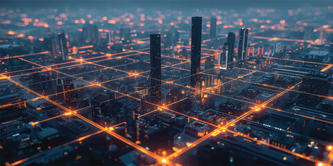 Digital fractal realms and binary code merge into an abstract background over the glowing lights of a dusk Bangkok city skyline and urban highway traffic © JAHURA
