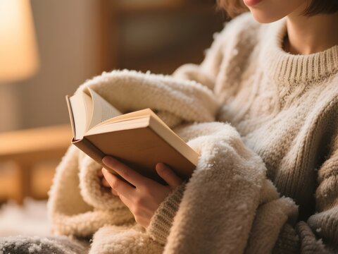 Reading Book with Blanket in Winter Comfort Scene