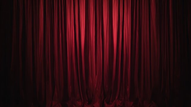 Classic red stage curtain background with folds and drapes, creating a sense of grandeur and anticipation, perfect for use in cinema posters, award ceremonies, or gala invitations.