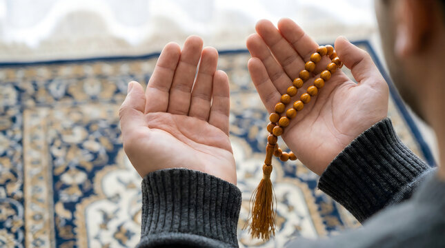 Muslim man holding prayer beads in hands praying on traditional mat indoor at home.
