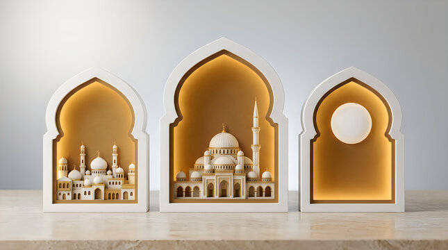 Three white mosque models in arched frames on a table with a moon