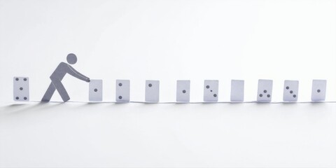 Fototapeta premium Figure pushes first domino. Series falls sequentially. Minimalist style, white background, black silhouette. Represents chain reaction, consequences.