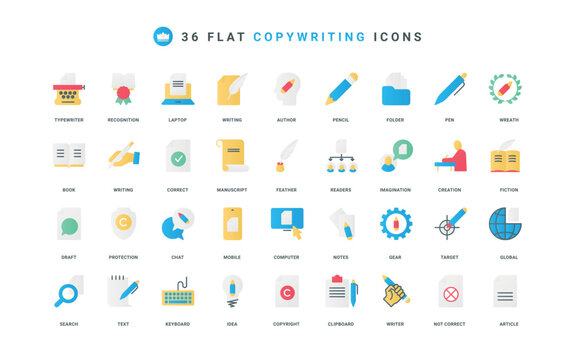 Content creation, pen and pencil to write notes and correct article draft, storytelling color icon set. Creative idea copyright protection, fiction and poetry flat elements vector illustration