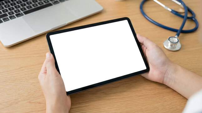 Digital tablet usage, medical documentation and application in healthcare. Doctor holding tablet computer with white screen mockup in landscape orientation on wooden desktop.