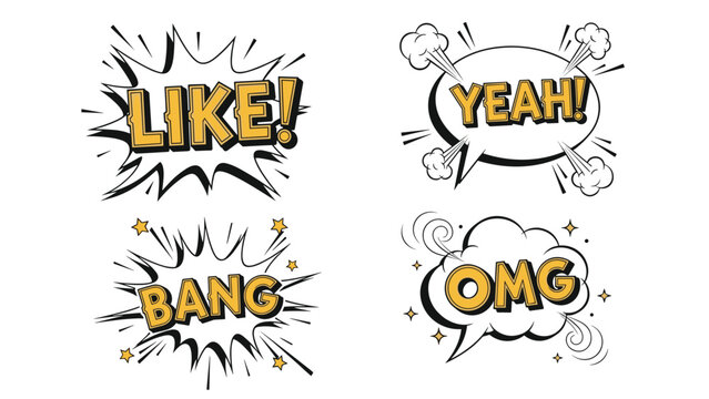 Dynamic collection of comic speech bubbles featuring popular expressions like "Like!", "Yeah!", "Bang!", and "OMG!", in an exciting pop art style.