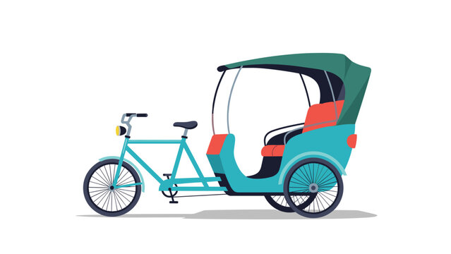 Brightly colored light blue pedal rickshaw featuring a green canopy and comfortable red seats, isolated on a clean white background.