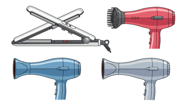 Comprehensive collection of hair styling tools, featuring a professional hair straightener and several modern hair dryers in various colors and designs.