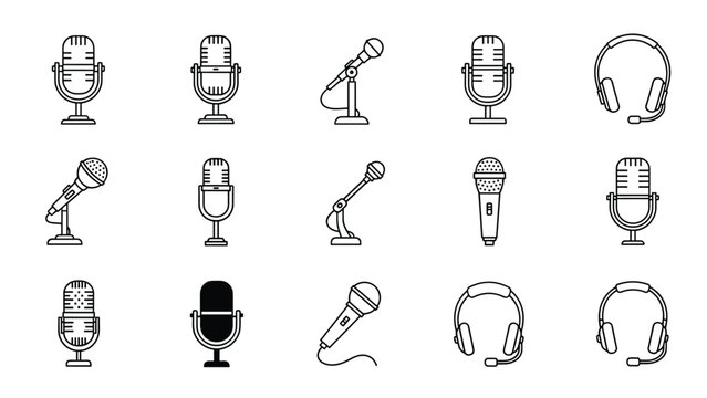 Extensive collection of various microphone and headset icons rendered in a clean outline style, representing audio recording and communication technology.
